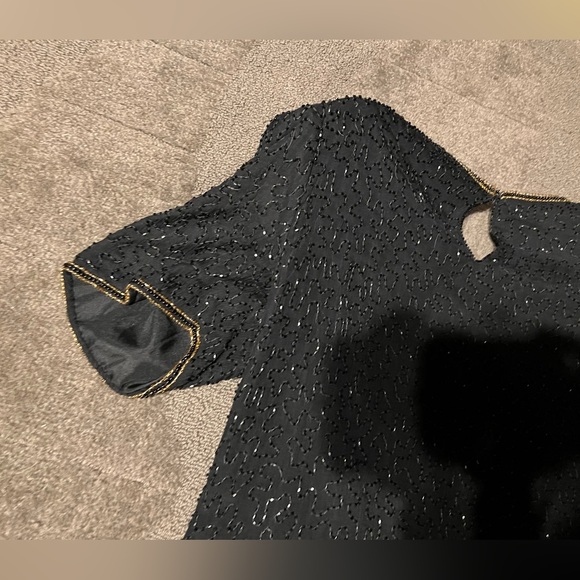 Vintage Scala Gold & Black Beaded Short Sleeve Top Blouse Shoulder Pads Keyhole - Picture 12 of 16